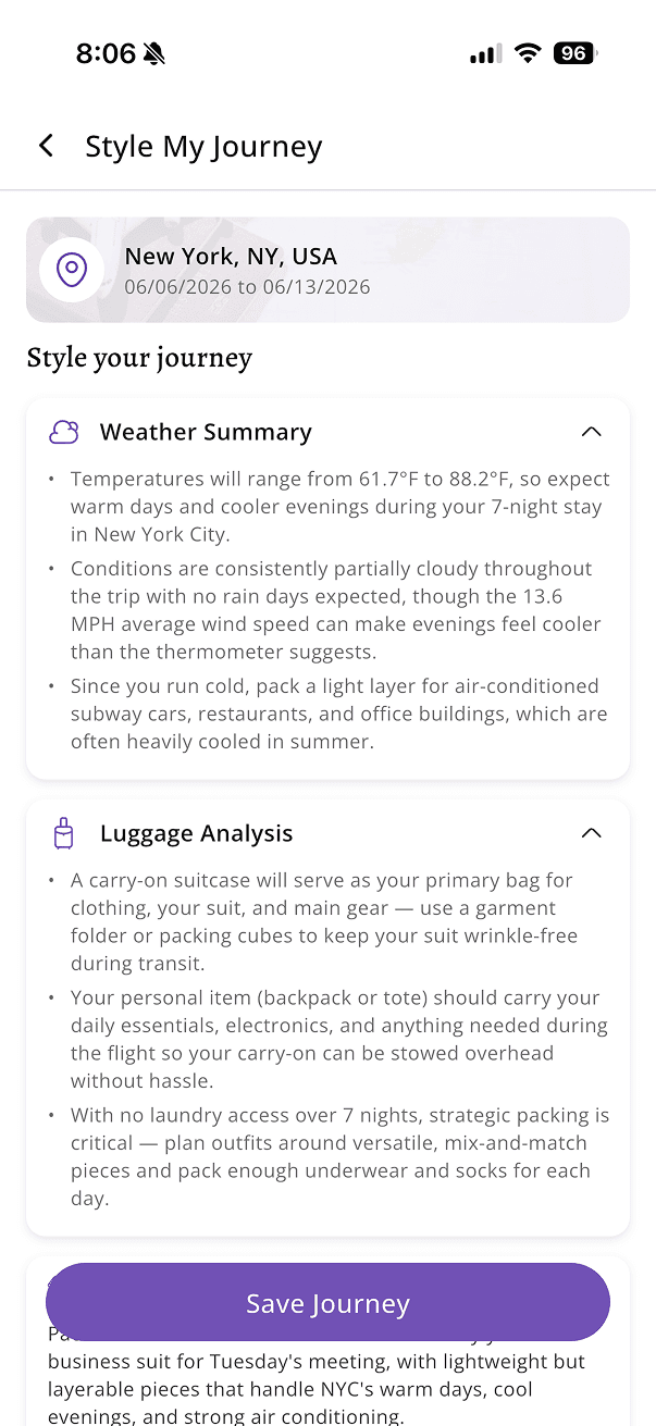 ClimaPal Journey Styler β destination packing view