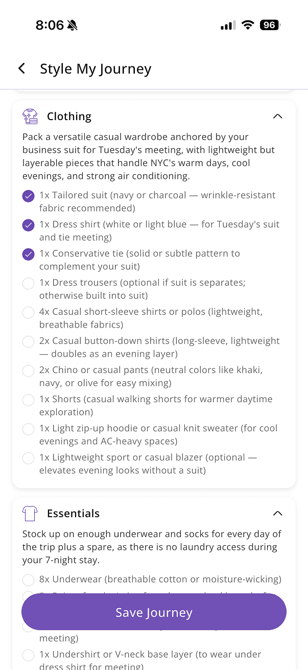 ClimaPal packing list with outfit recommendations